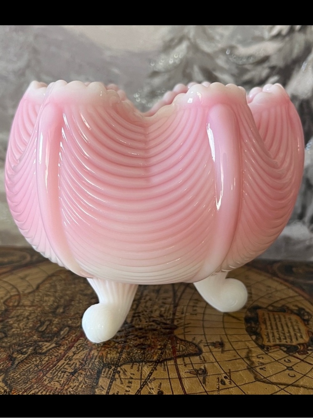 Vintage Fenton Rosalene Footed Art Glass Bowl Pink Swirl Ruffled Candy Dish